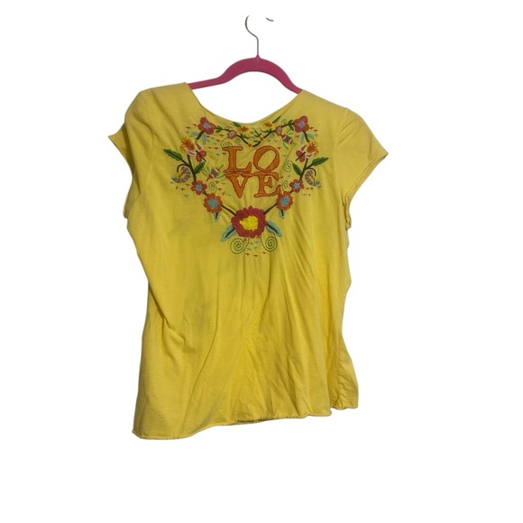 Johnny Was Embroidered Floral "Love" Yellow T-Shirt Size Large - Picture 6 of 8